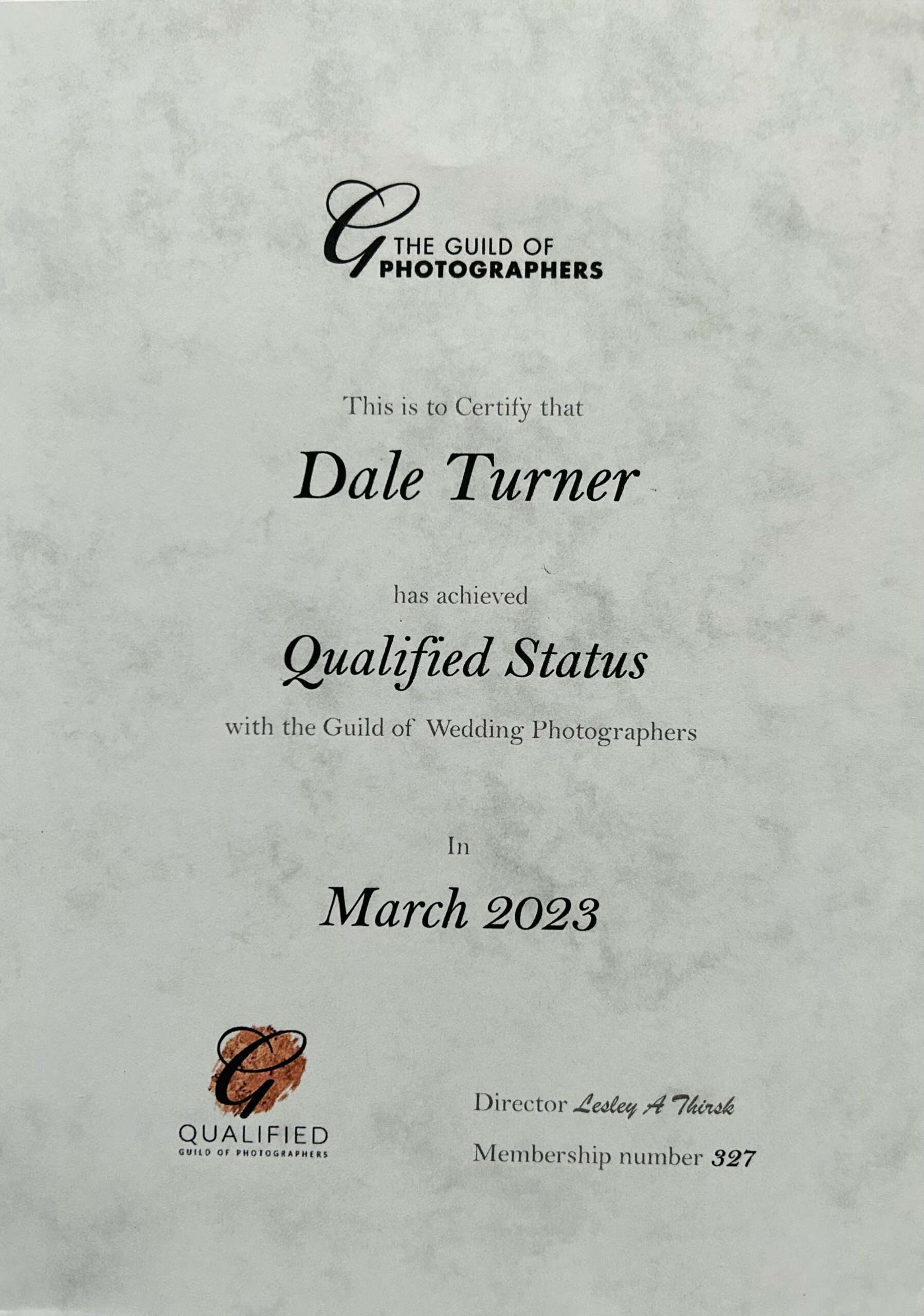 A certificate to show Dale Turner is a fully Qualified member of The Guild of Photographers.