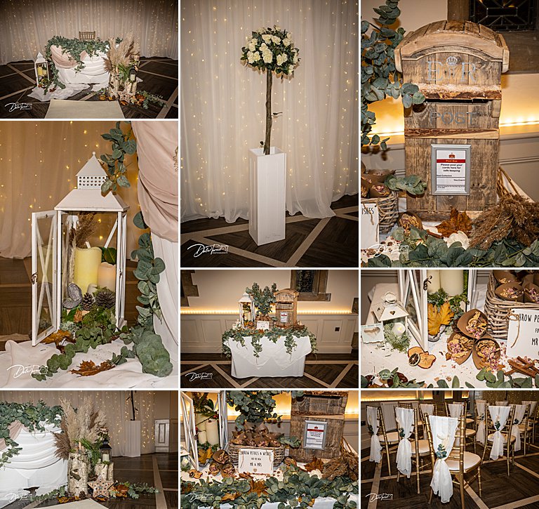 Collage of pictures of wedding decorations from Whitley Hall.