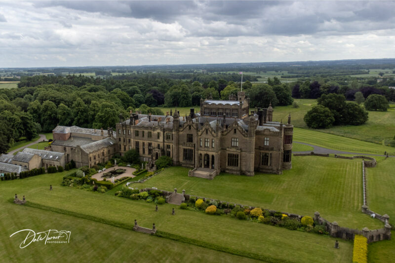 Drone image of the back of Allerton Castle.