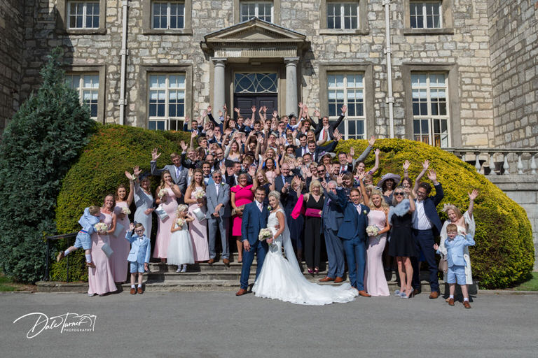 Group of all wedding guests at Hazlewood Castle.