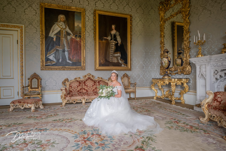 Bride sat alone, at Allerton Castle.
