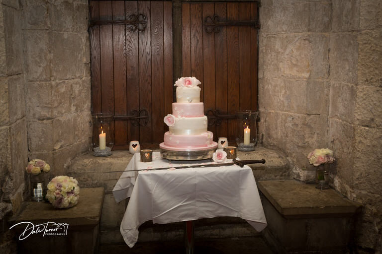 A four tier wedding cake at Hazlewood Castle.