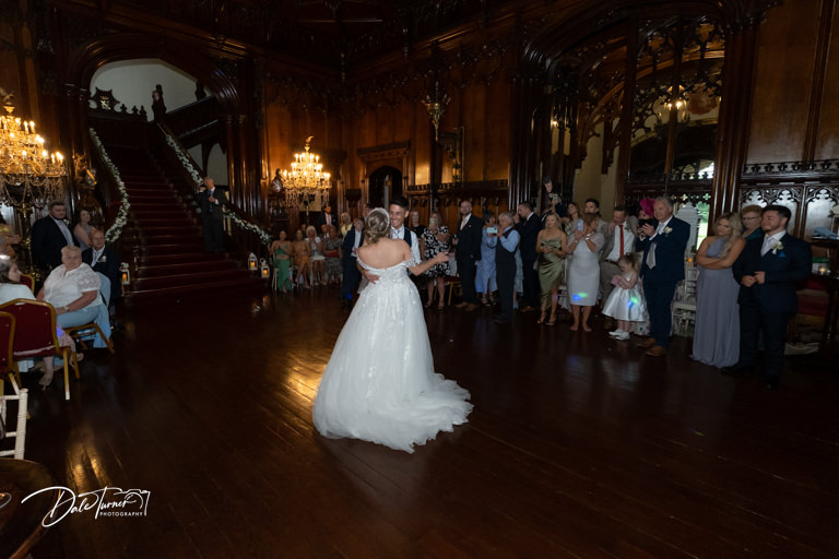 Bride and groom share their first dance, at Allerton Castle.