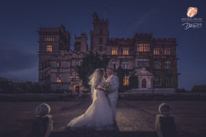 Award winning twilight photograph of a bride and groom in the grounds of Carlton Towers.