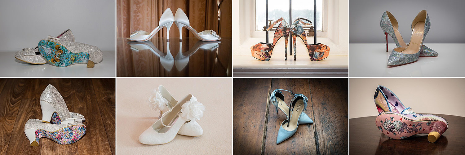 Montage of designer wedding shoes.